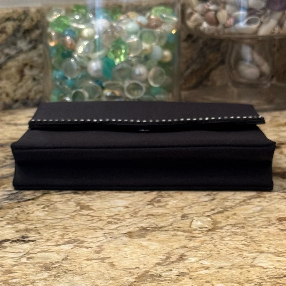 Black satin evening clutch or crossbody scalloped flap rhinestone trim 7.5”